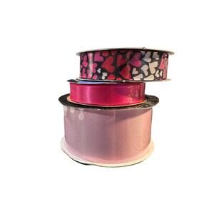 Pink Ribbon Lot – 3 Rolls – Hearts, Satin & Grosgrain